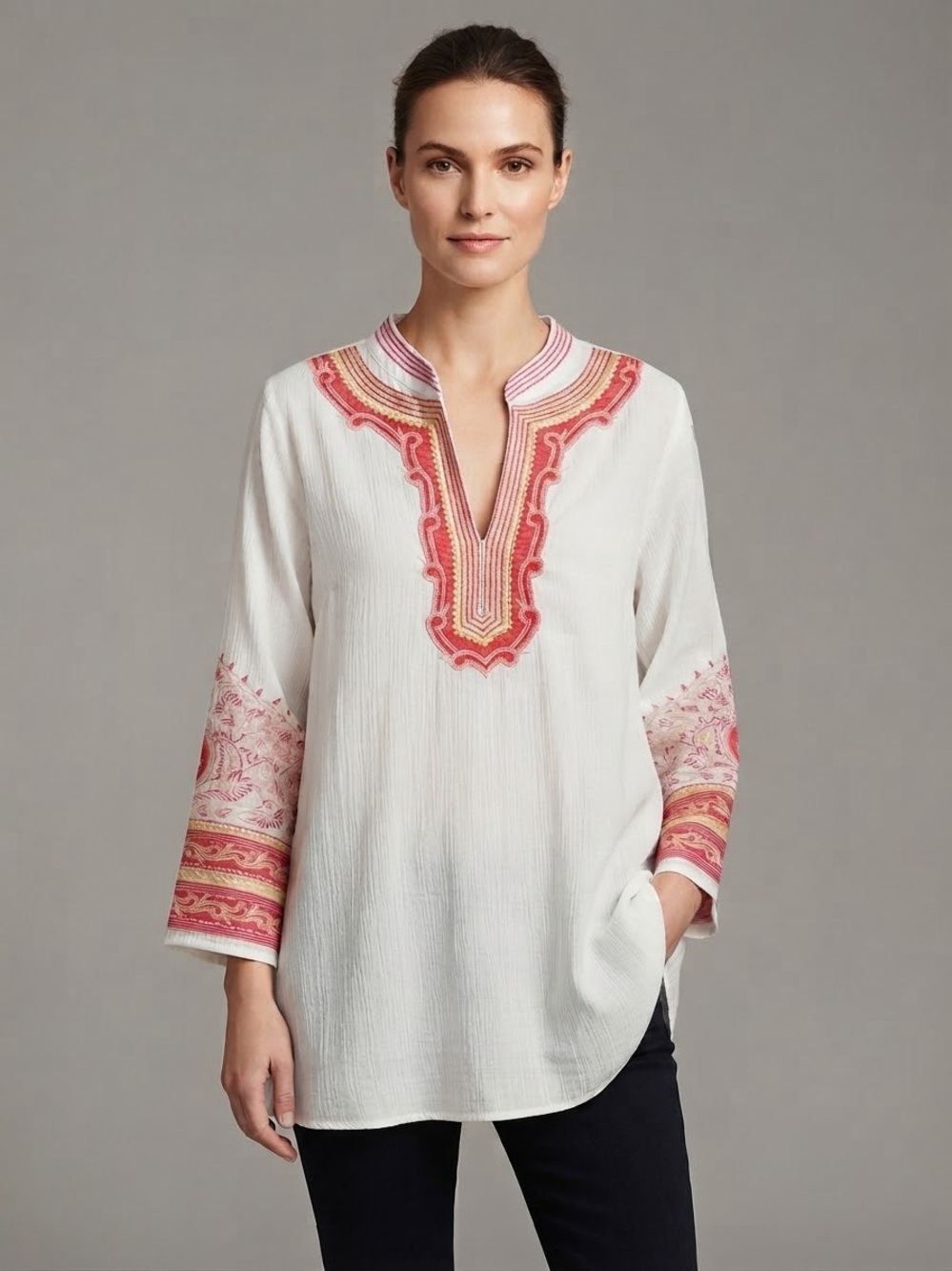 Coldwater Creek White Tunic with Pink & Coral Embroidery 100% COTTON